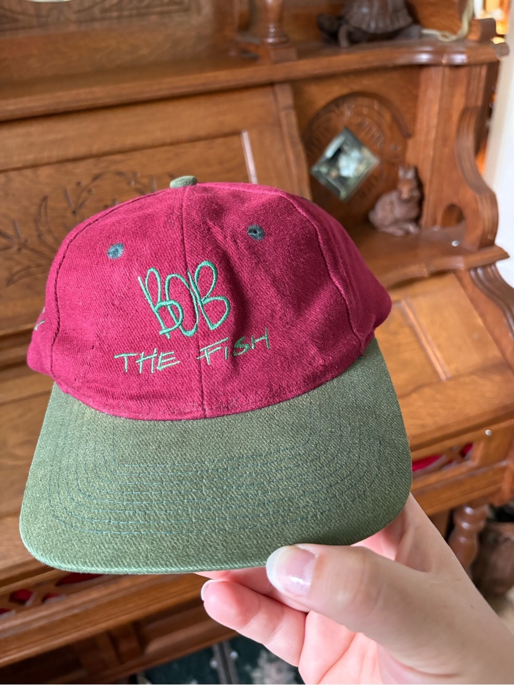 Maroon and Olive Retro 90s Bob the Fish Embroidered Cap